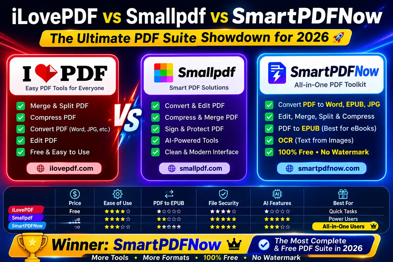 iLovePDF vs Smallpdf vs SmartPDFNow: The Ultimate PDF Suite Showdown for 2026